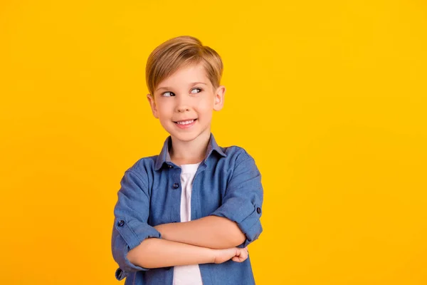 Photo Smart Creative Minded Boy Folded Arms Toothy Smile Look — Foto Stock