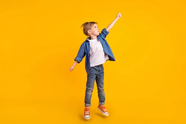 Full Body Portrait Carefree Crazy Person Jump Raise Arm Hold — Stock fotografie