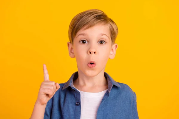 Photo Impressed Creative Boy Point Finger Pouted Lips Excellent Choice — Stockfoto