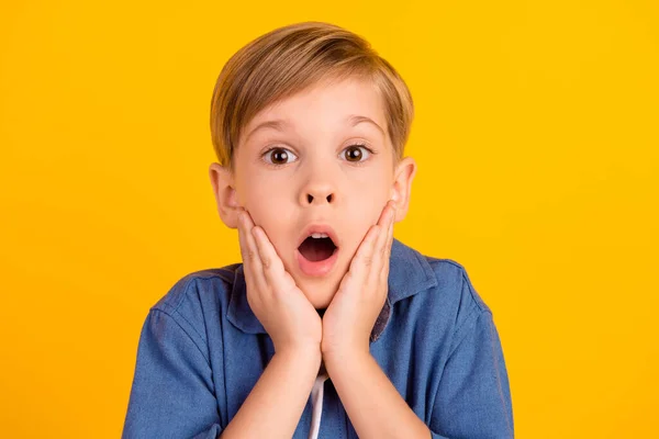 Photo Astonished Excited Boy Arms Touch Cheekbones Open Mouth Isolated — 스톡 사진