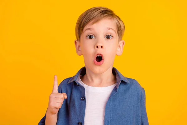 Portrait Excited Crazy Smart Boy Point Finger Open Mouth Brilliant — Stockfoto
