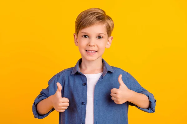 Portrait Positive Friendly Boy Arms Fingers Demonstrate Thumb Isolated Yellow — Stockfoto