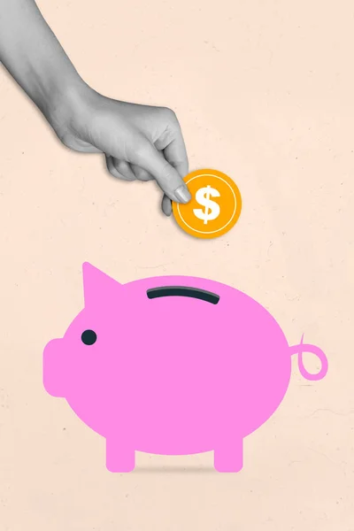 Creative Photo Artwork Graphics Painting Arm Putting Coin Piggy Bank — Photo