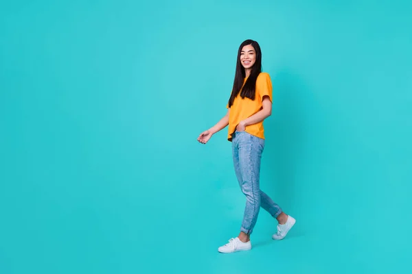 Full Length Photo Joyful Brunette Lady Wear Orange Shirt Jeans — Photo