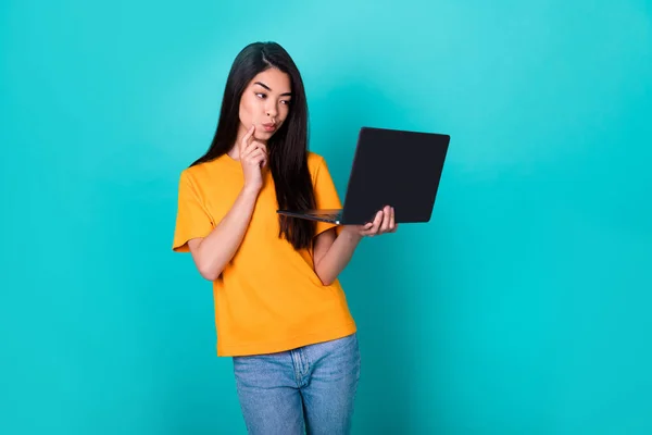 Photo Serious Millennial Lady Look Laptop Wear Orange Shirt Jeans — Foto de Stock