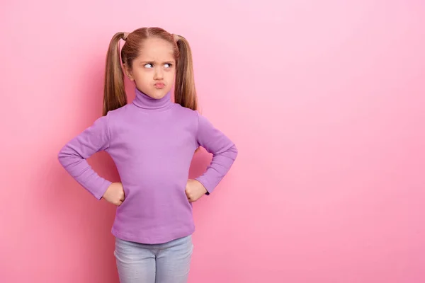 Photo Young Pretty Little Girl Funny Grimace Face Look Empty — Stockfoto