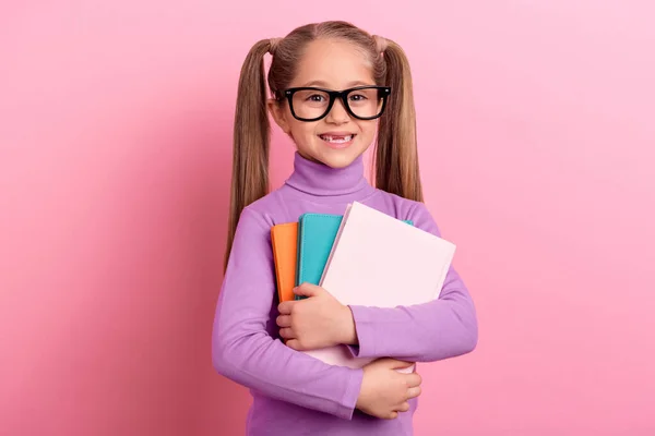 Photo Adorable Little Sweet Clever Schoolgirl First Day School Isolated — Stockfoto