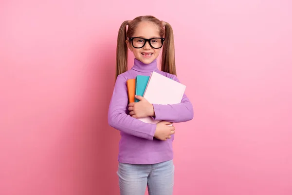 Photo Young Little Smart Schoolgirl School First Time Hold Copybook — Stockfoto