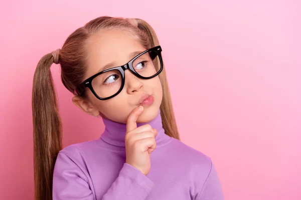 Photo Pretty Interested Wondering Little Girl Spectacles Look Empty Space — Stockfoto