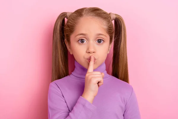 Portrait Young Pretty Serious Girl Ask You Quiet Keep Silence — Stockfoto