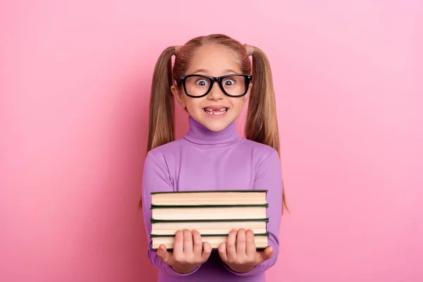 Portrait Cheerful Overjoyed Little Geek Girl Spectacles Hold Stack Homework — Stok fotoğraf