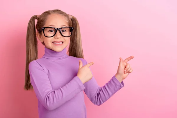Photo Charming Cute Little Schoolgirl Spectacles Promote Online Courses Platform — Stockfoto