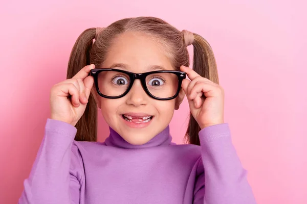 Photo Adorable Sweet Lovely Little Schoolgirl Spectacles Front Teeth Isolated —  Fotos de Stock