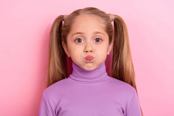 Portrait Lovely Sweet Funky Little Child Pout Lips Make Silly — Stockfoto