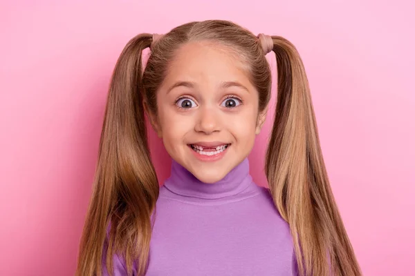 Photo Adorable Sweet Young Girl Impressed Face See Shopping Bargains — Stockfoto