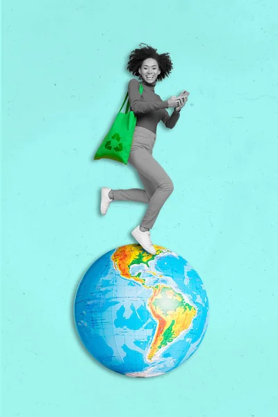 Collage Vertical Photo Real Problem Air Pollution Woman Hold Eco — Stock fotografie