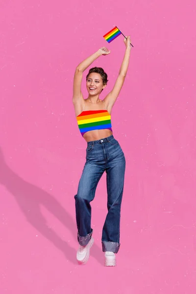 Unusual Photo Collage Dancing Happy Attractive Girl Hold Rainbow Flag — Stock Fotó