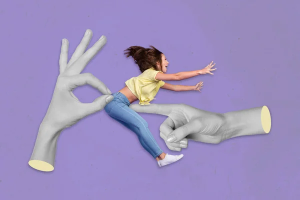 Composite Collage Picture Big Human Hands Fingers Hold Touch Overjoyed — 图库照片