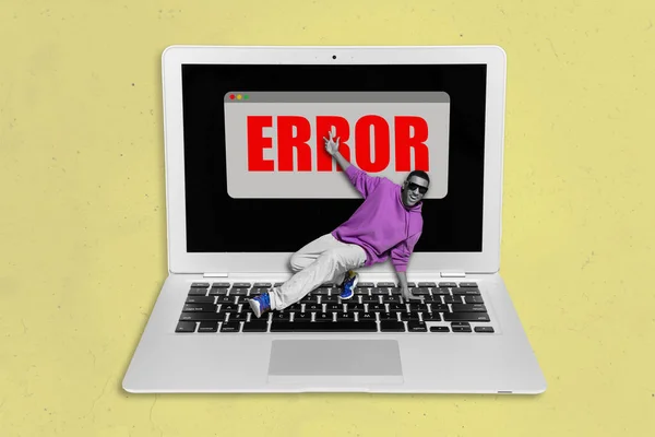 Collage Photo Surrealistic Fix Computer Laptop Message Error Dancing Guy — Stockfoto