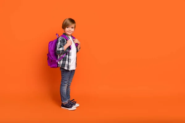 Full Length Profile Side Photo Young Boy Standing Hold Rucksack — 스톡 사진