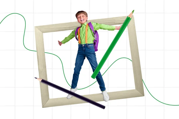 Magazine Poster Collage Happy School Child Paint Green Blue Pencils — Stockfoto