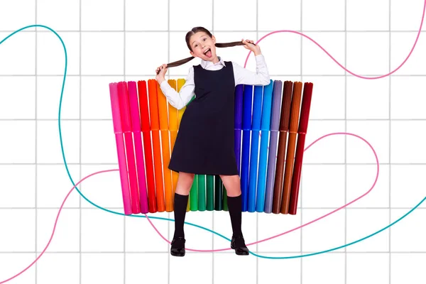 Magazine Poster Collage School Child Stand Variety Marker Pencils Enjoy —  Fotos de Stock
