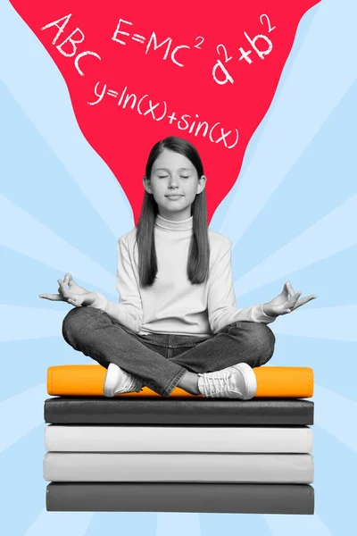 Metaphor Poster Collage Concentrated School Child Doing Yoga Exercise Prepare — Foto Stock