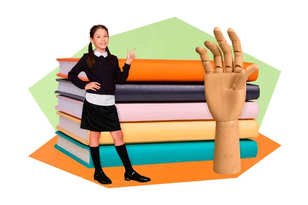 Magazine Poster Collage Clever School Child Point Finger Textbook Stack — Stockfoto