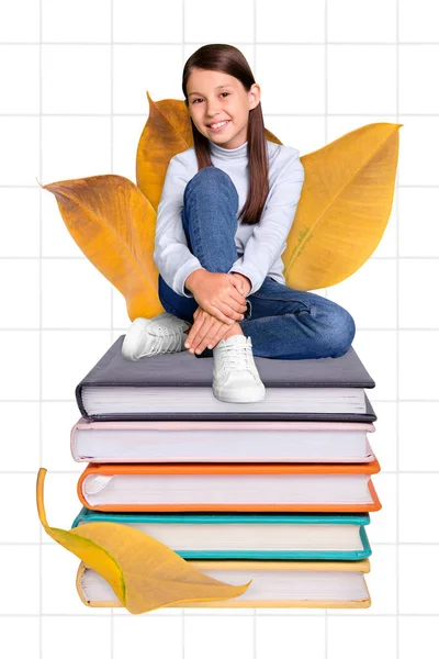 Magazine Poster Collage Happy School Child Sit Pile Stack Textbooks — Foto Stock