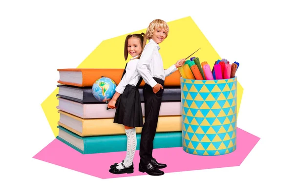 Magazine Collage Two Classmates Stand Library Pile Textbook School Stationery — Foto de Stock