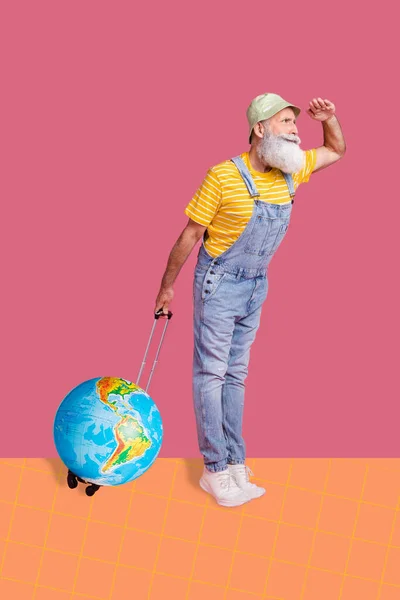 Creative Retro Magazine Image Serious Confident Guy Planet Luggage Isolated — Stok fotoğraf