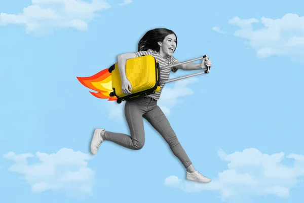 Artwork Magazine Picture Happy Smiling Lady Flying Suitcase Rocket Isolated — Foto Stock