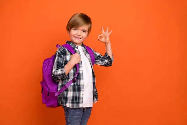 Photo Young Boy Show Fingers Okey Symbol Feedback Perfect Hold — Foto Stock