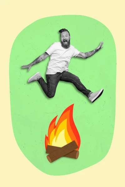 Creative Drawing Collage Picture Screaming Courageous Man Jumping Bonfire Traditional — Stockfoto