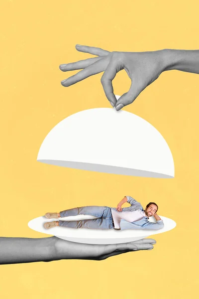 Creative Photo Artwork Graphics Collage Funky Flirty Man Lying Restaurant — Stockfoto