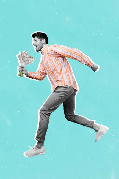 Vertical Collage Illustration Positive Excited Rich Boyfriend Running Fast Hurry — Foto de Stock