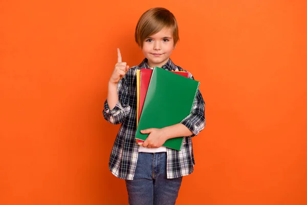 Photo Young Boy Point Finger Plan Solution Intelligent Lesson Isolated — Foto Stock