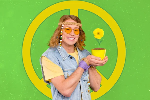 Collage Photo Young Funny Smiling Guy Hold Yellow Vase Gerbera — Fotografia de Stock
