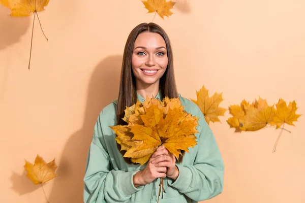 Portrait Attractive Cheerful Romantic Girl Holding Bunch Leaves Flying Dream — Foto de Stock