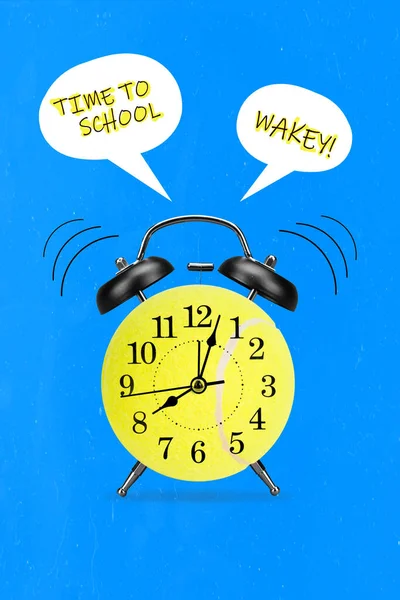 Creative retro 3d magazine image of clock ringing time to school eight o clock isolated painting background.