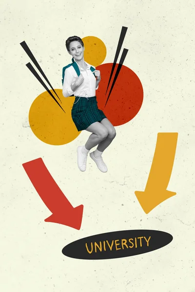 Vertical collage illustration of excited positive girl black white colors falling university text hole painted arrows indication.