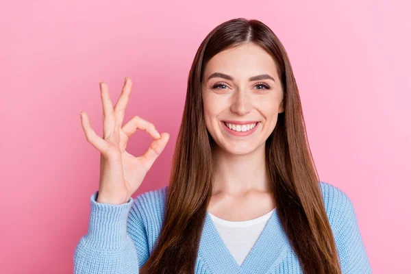 Photo Young Good Mood Positive Girl Blue Cardigan Showing Okey — Foto de Stock