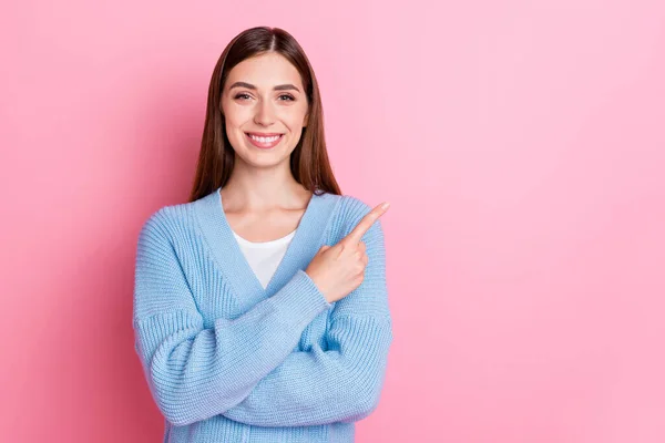 Photo Adorable Beautiful Positive Girl Dressed Blue Knit Cardigan Arms — Stockfoto