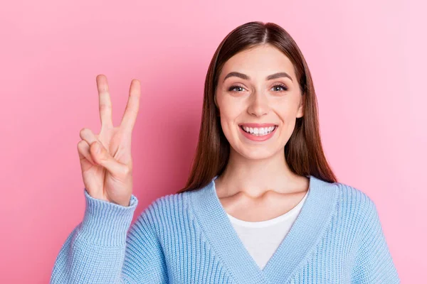 Portrait Gorgeous Cheerful Satisfied Person Dressed Blue Knit Pullover Holding — Foto de Stock