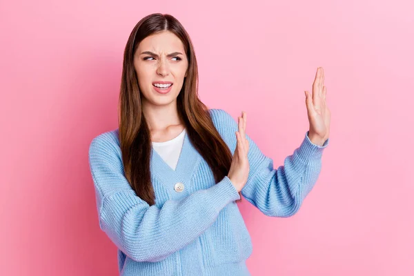 Portrait Attractive Worried Puzzled Girl Long Hairstyle Showing Aside Stop — Stok fotoğraf