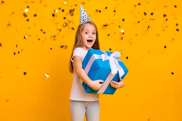 Full Length Photo Funny Excited Schoolgirl Dressed White Shirt Birthday — Stockfoto