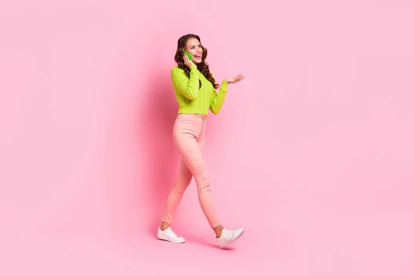 Full Length Photo Brunette Lady Say Telephone Wear Green Shirt — Stok fotoğraf