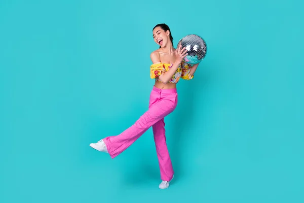 Full Body Photo Funky Young Lady Hold Disco Ball Dance — 스톡 사진