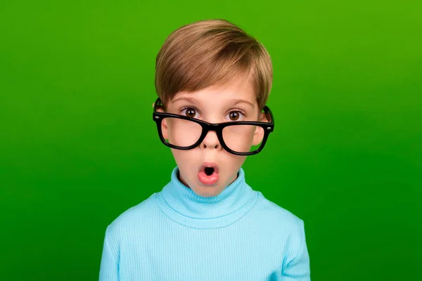 Photo Funny Shocked Small Son Wear Turquoise Turtleneck Spectacles Big — 스톡 사진