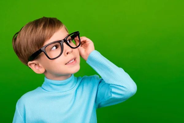 Photo Funky Dreamy Small Son Wear Turquoise Turtleneck Arm Spectacles — Stockfoto